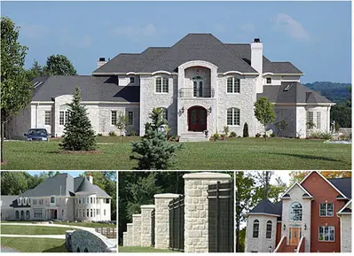 Four views of Rockford Estate Blend tumbled limestone veneer in residential and commercial applications