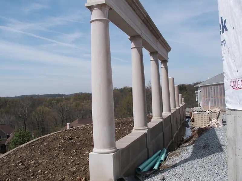 Monolithic Doric columns of the residential Indiana limestone colonnade south of Pittsburgh, Pennsylvania