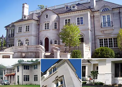 Four views of Vanderbilt Classic sawn limestone veneer in residential and commercial applications